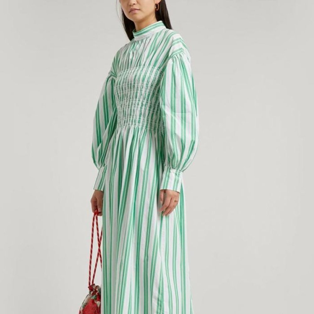 Ganni Green Stripe Cotton Smock Dress